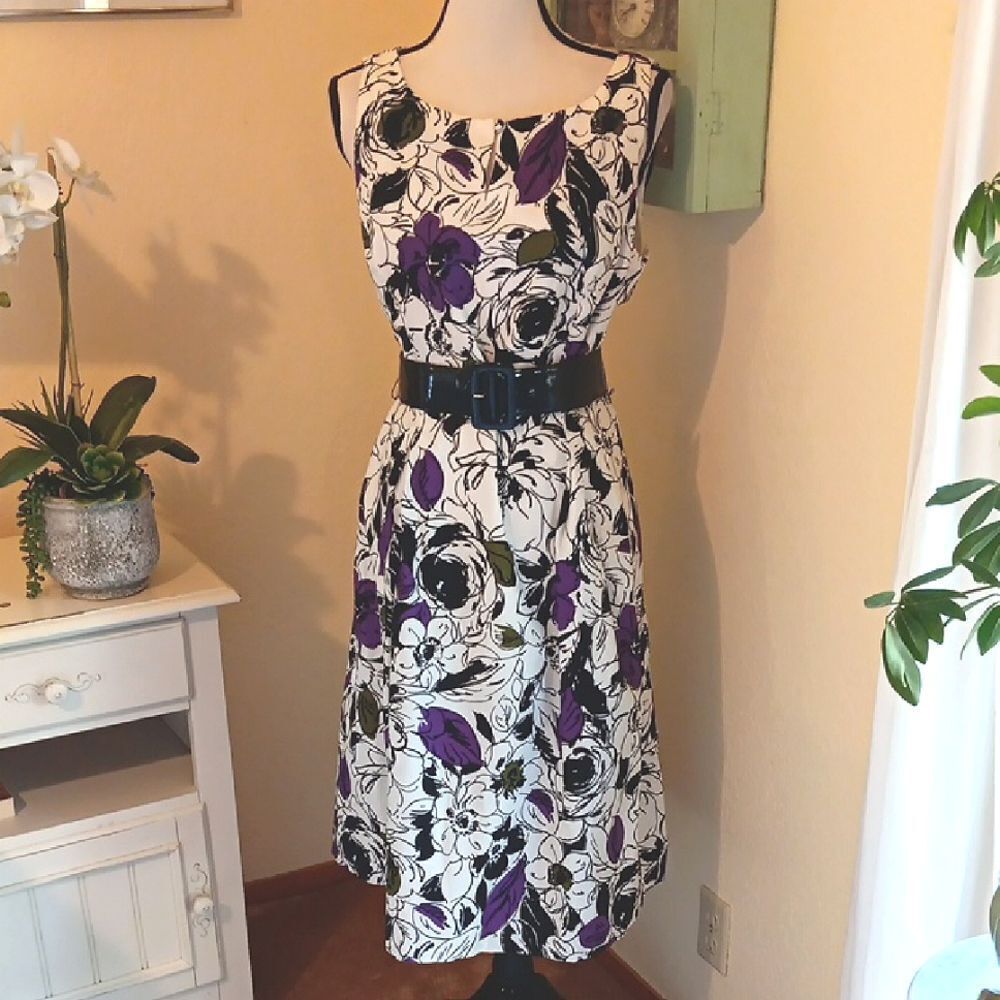 Jessica Howard Floral Black and Purple Dress With Belt. Career.